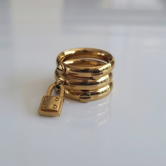 Set of 3 Stainless Steel Gold Plated Band With Dangle Lock - Picture 2 of 2